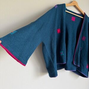Sophies Wild Woollens Lambswool Cardigan Teal Geometric Boxy Knit England S M
